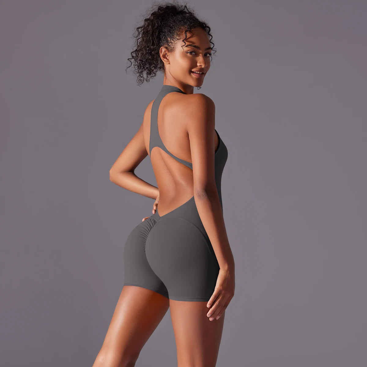 Damen-Stretch-Body mit Frontreißverschluss, ärmellos, dunkelgrau, Seitenansicht.