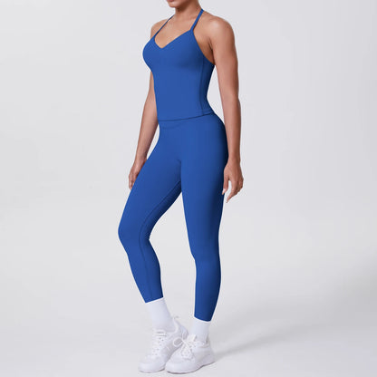 Damen Yoga-Set mit ärmelloser Weste und Leggings, mittelblau