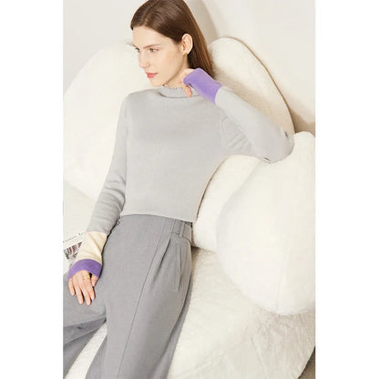 Damen-Rollkragenpullover Wolle Slim Patchwork Büro Winter