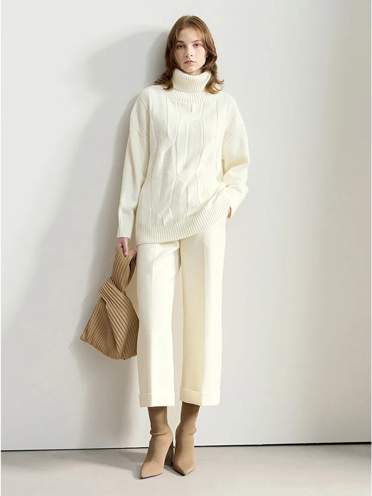 Damen-Rollkragenpullover locker Wolle-Mix lang Winter