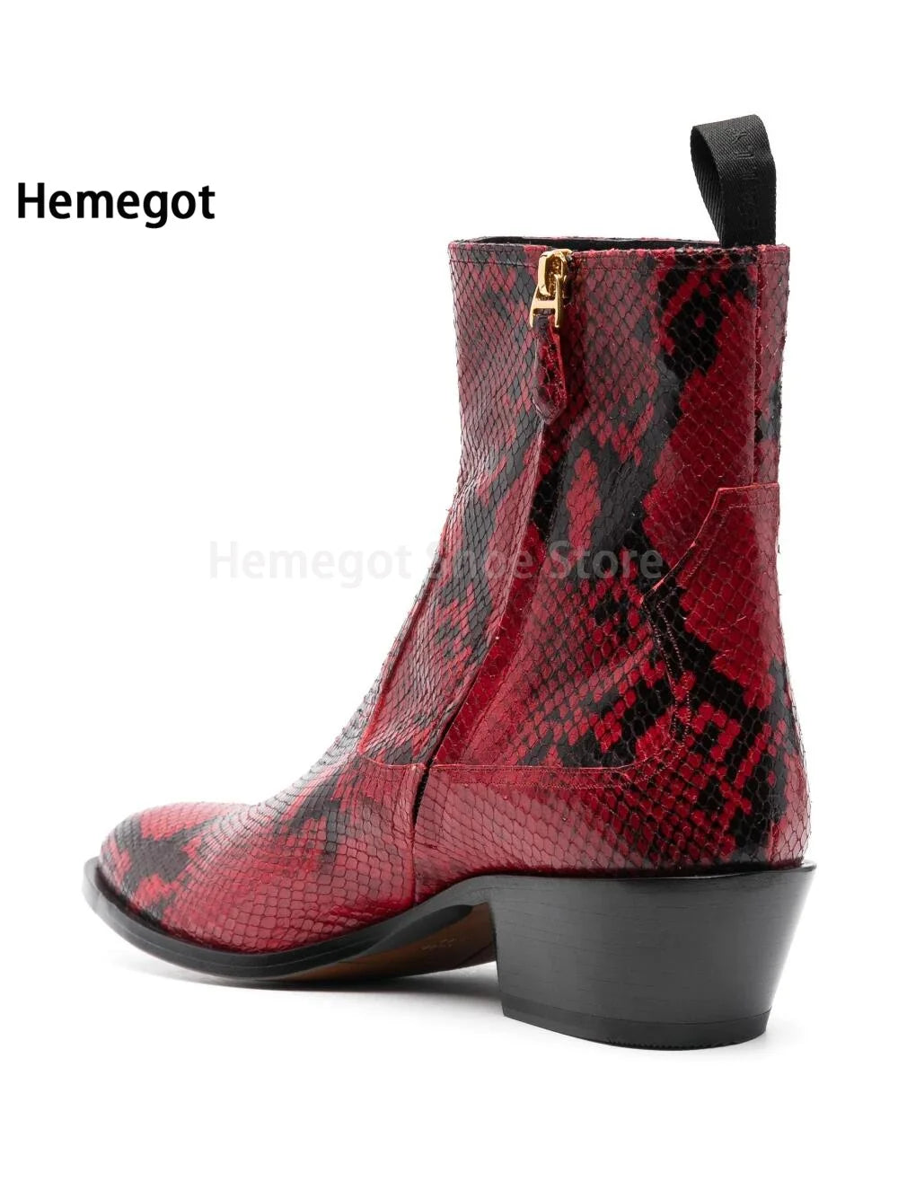 Herren-Chelsea-Boot mit Schlangenmuster, spitzer Zehe, seitlicher Schnalle und Blockabsatz, rot/schwarz
