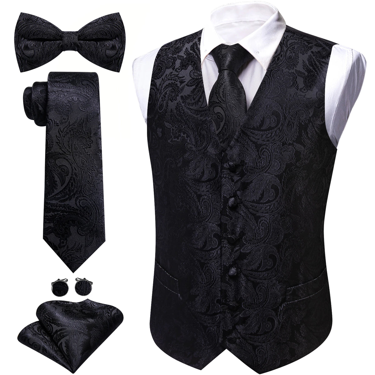 5-teiliges Business-Set: Anzugweste mit Paisley in Schwarz, dazu Krawatte, Fliege & Einstecktuch.