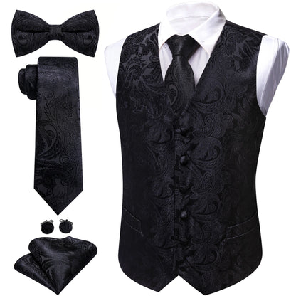 5-teiliges Business-Set: Anzugweste mit Paisley in Schwarz, dazu Krawatte, Fliege & Einstecktuch.