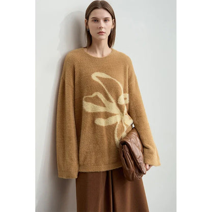 Damen-Jacquardpullover in Kaffee mit beigem Schleifenmuster, Rundhalsausschnitt, Langarm