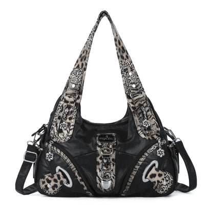 Schwarz-graue Handtasche mit Leopardenmuster, Schulterriemen und Metall-Kettenringverschluss