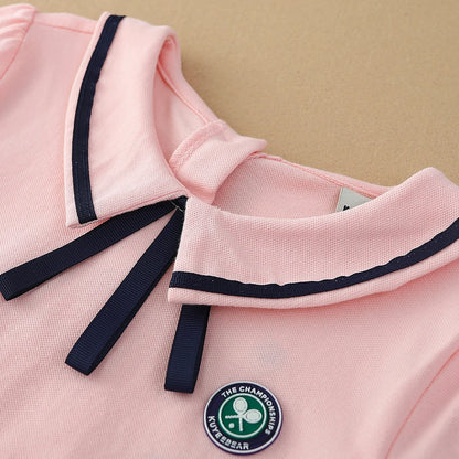 Mädchen T-shirt Sommer Baumwolle Tennis Kleidung für 4-10Y Kinder Drehen-unten Kragen Bogen Tops Kurzen Ärmeln Casual Tee