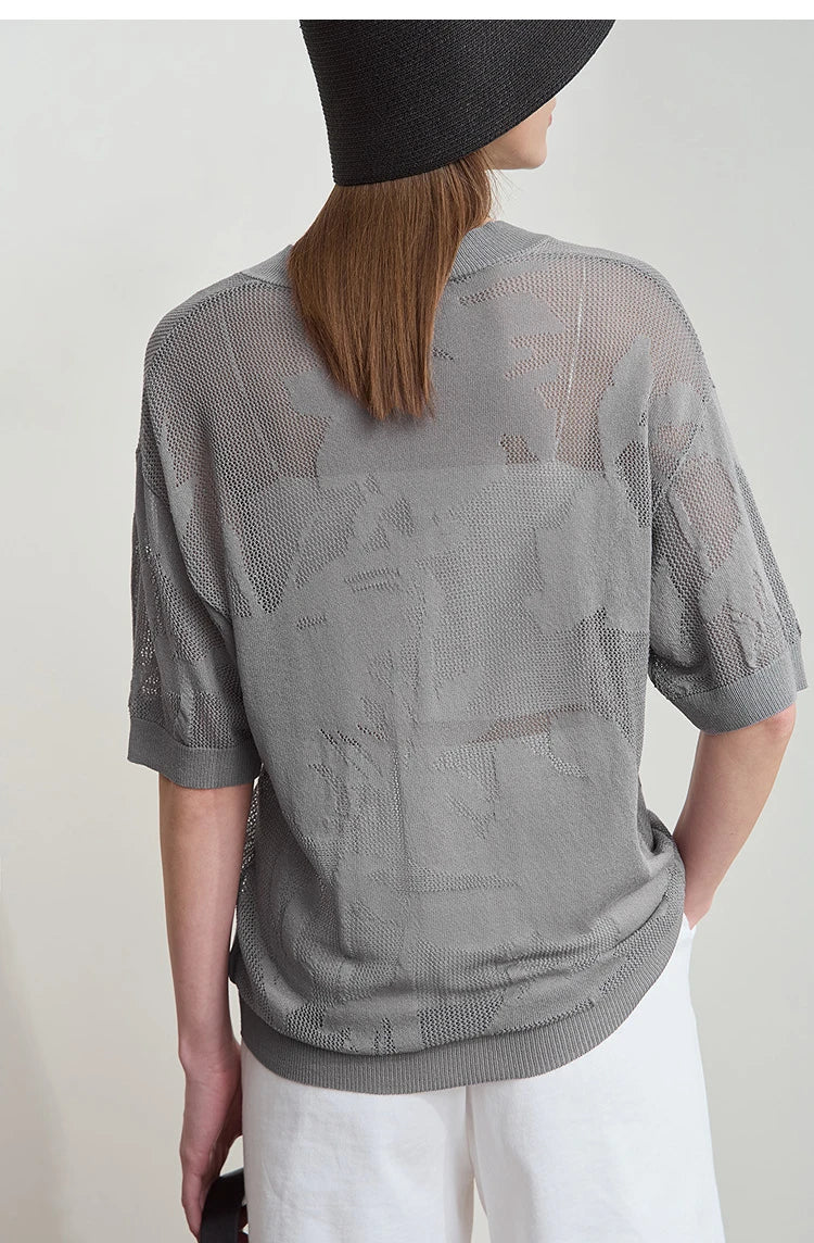Damen-Strickpullover mit V-Ausschnitt, kurzarm, lockere Passform, hellgrau, Rückansicht