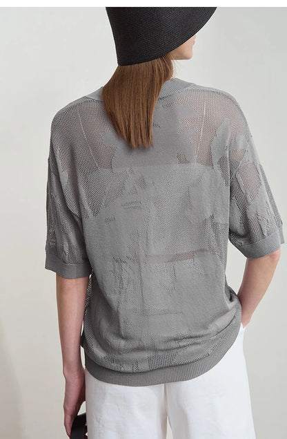 Damen-Strickpullover mit V-Ausschnitt, kurzarm, lockere Passform, hellgrau, Rückansicht