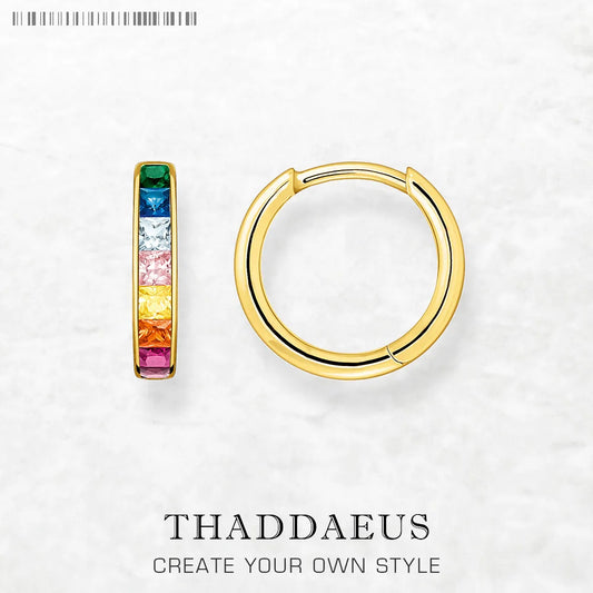 Damen-Creolen golden Scharnier Regenbogen funkelnd aus Sterlingsilber