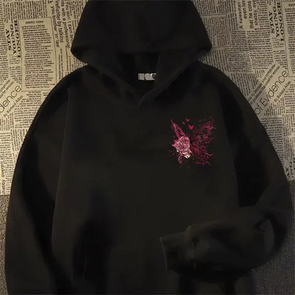 Herren Hoodie mit kreativer Schmetterling Rose Grafik im Hip Hop Stil