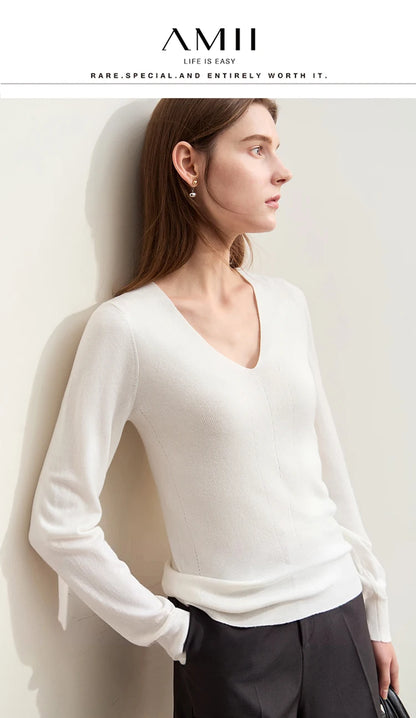 Damen V-Ausschnitt Pullover Wolle-Seide Slim Pendler Herbst