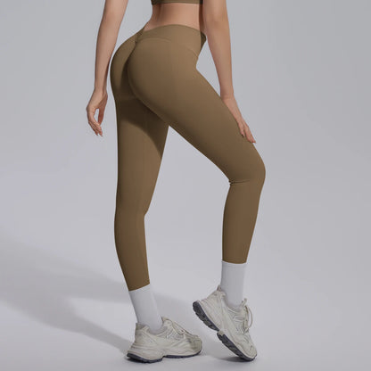 Nahtlose Yoga-Leggings Damen khakibraun, hoher Bund, enges Bein