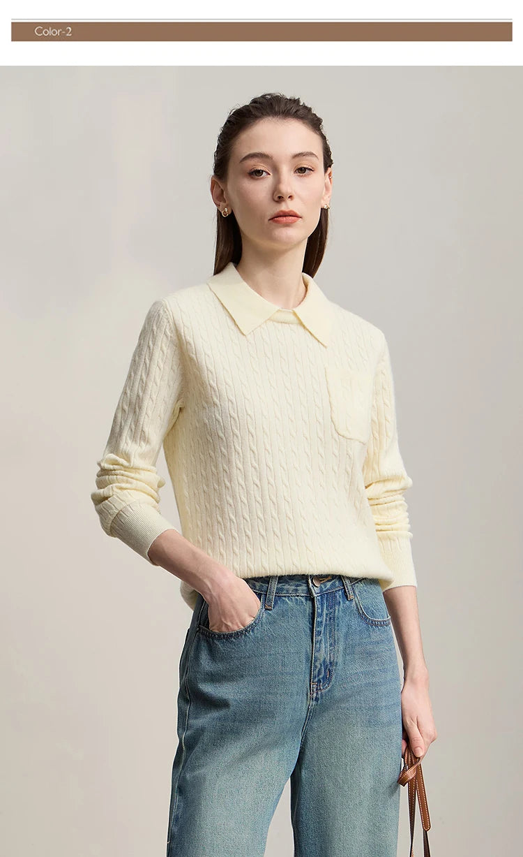 Damenpullover aus Strick, cremefarben, Polokragen, lange Ärmel, feines Zopfmuster