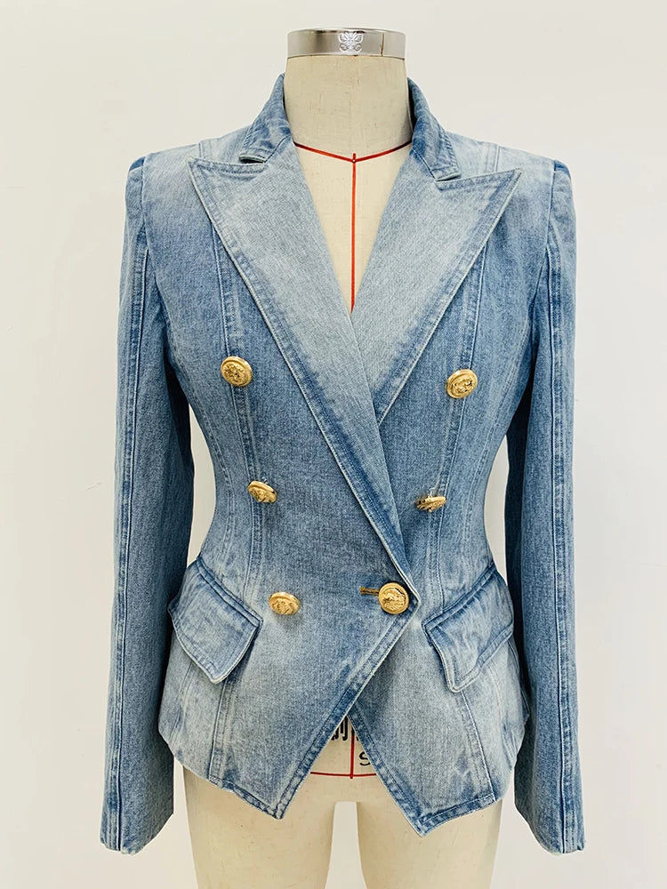 Damen-Blazer Denim doppelreihig Löwenknopf Slim High Street