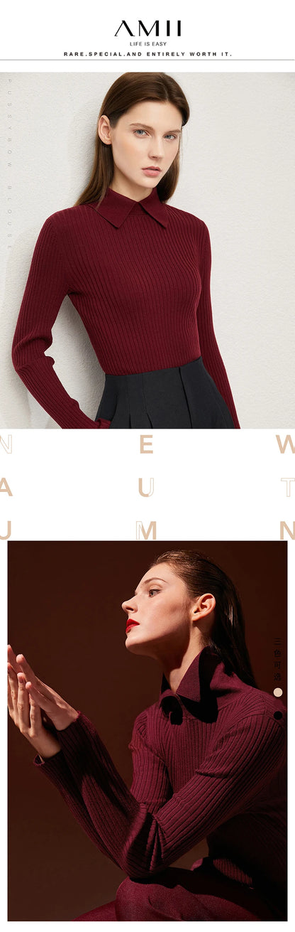 AMII Damenpullover mit Polokragen aus weinrotem Feinstrick