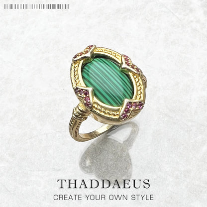 Damen-Ring ovaler grüner Stein vergoldet Vintage aus Sterlingsilber