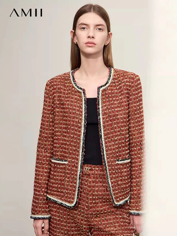 Damen Tweed Mantel im minimalistischen Stil mit Taschen und elegantem O-Neck