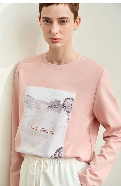 Damen T-Shirt im Minimalismus-Stil mit Kunstdruck und Stickerei für den Herbst