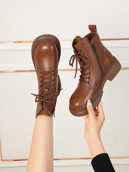 Damen Stiefeletten aus echtem Leder im Retro-Stil mit quadratischem Absatz