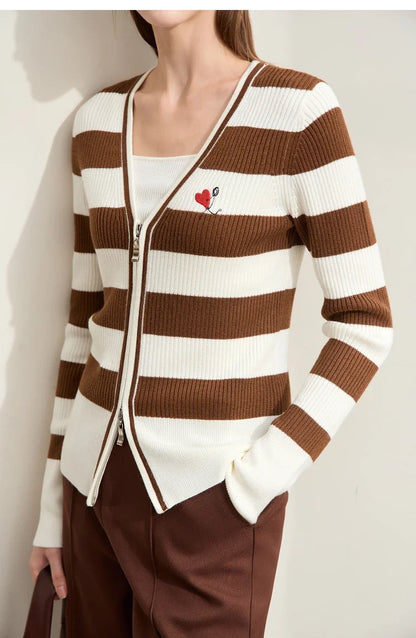 Damen-Strickjacke Kaschmir-Wolle Slim Streifen Reißverschluss Herbst