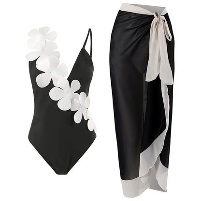 Damen Badeanzug Sarong 3D-Blumen tiefer V-Ausschnitt hoher Beinausschnitt