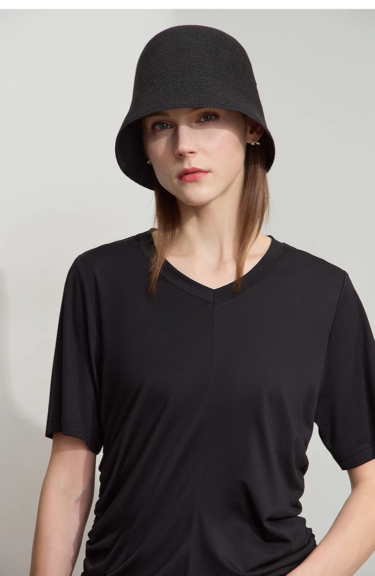 Damen T-Shirt mit solidem V-Ausschnitt und Kordelzug für den Sommer