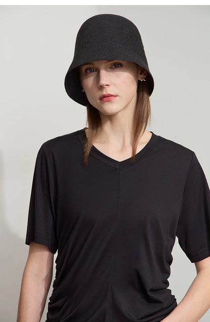 Damen T-Shirt mit solidem V-Ausschnitt und Kordelzug für den Sommer