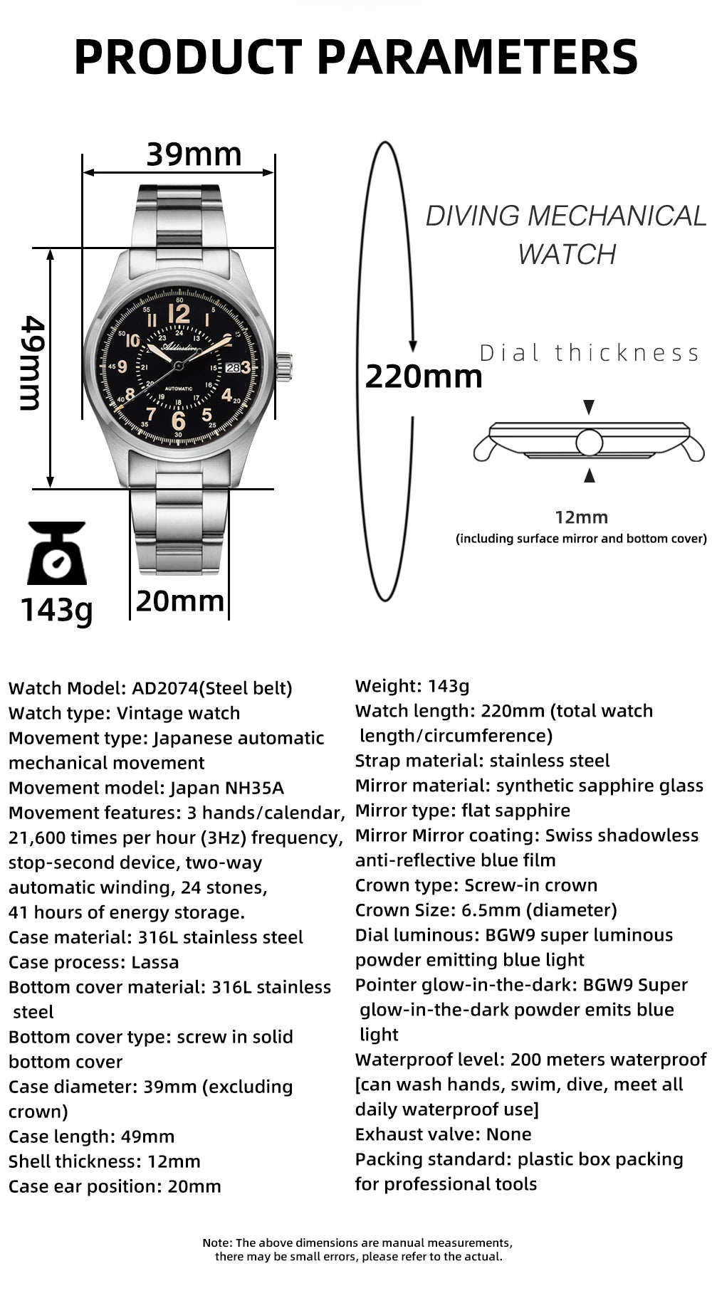 Herren-Vintage-Automatikuhr mit NH35A-Werk und Saphirglas