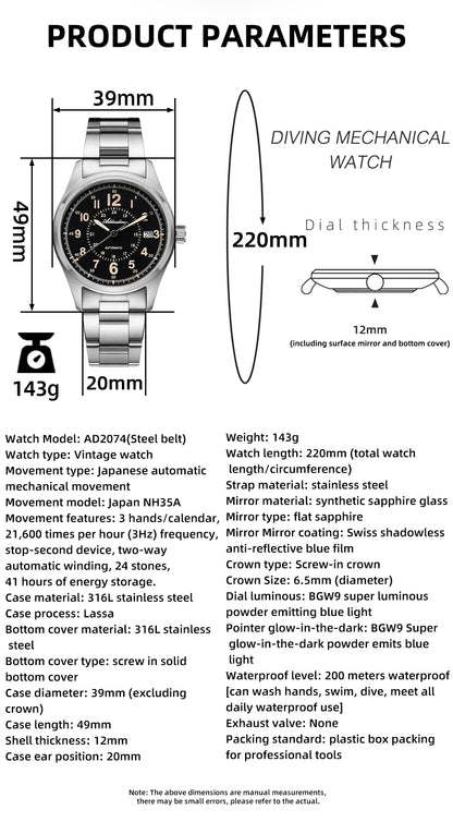 Herren-Vintage-Automatikuhr mit NH35A-Werk und Saphirglas
