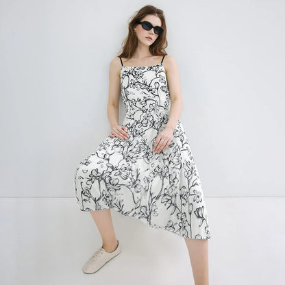 Elegantes Langes Sommerkleid Mit Gürtel Und Blumendruck Für Frau