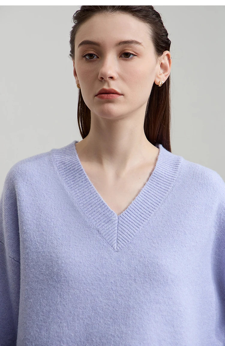 Damen V-Ausschnitt Pullover locker Raglan Wolle-Mix Herbst-Winter