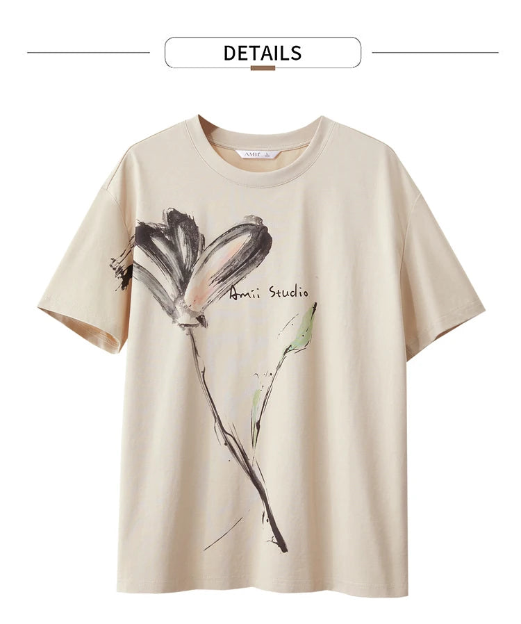 Damen T-Shirt im Minimalismus-Stil mit O-Neck und coolen Ink-Art Print