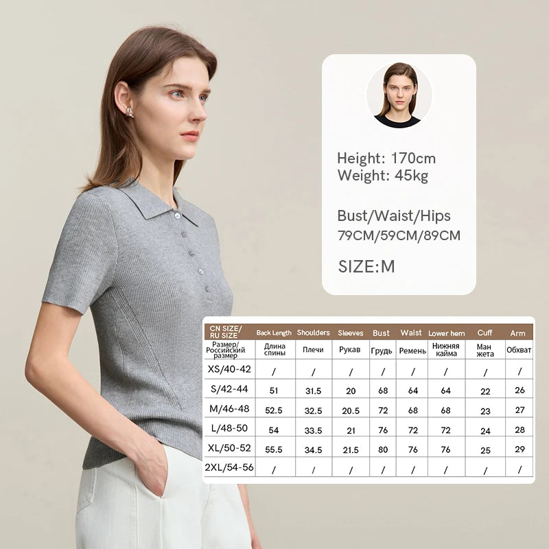 Damen-Strickpullover mit Polo-Kragen und Knopfleiste, kurzarm, graumeliert