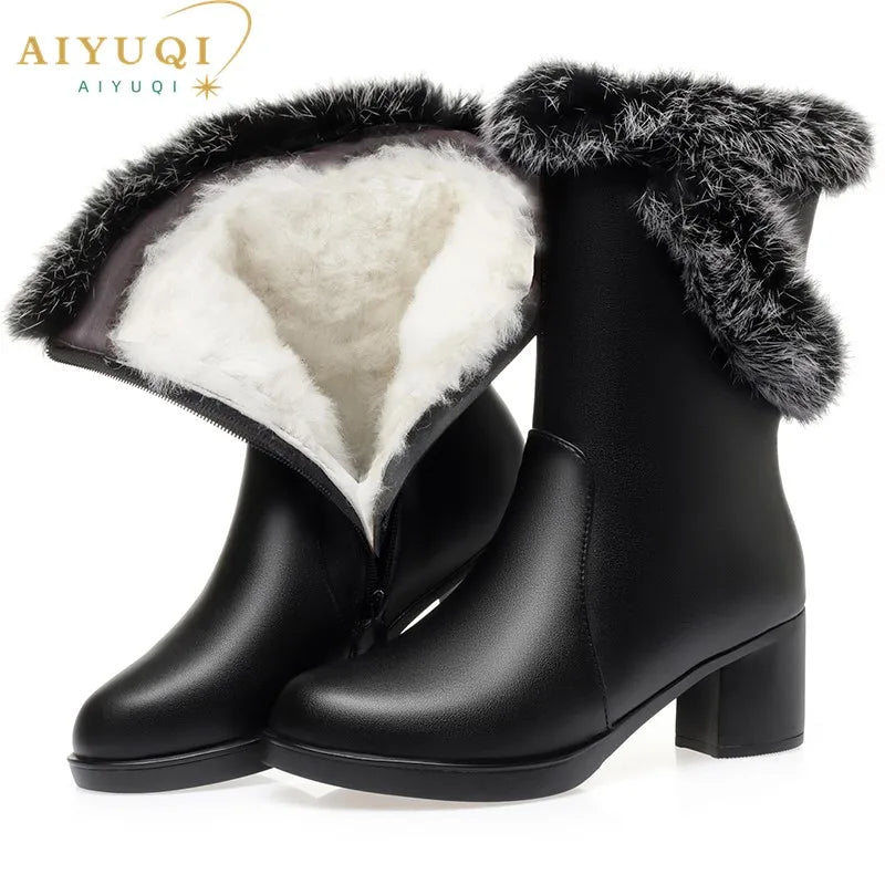 Damen Stiefel aus echtem Leder mit quadratischem Absatz und Fellfutter