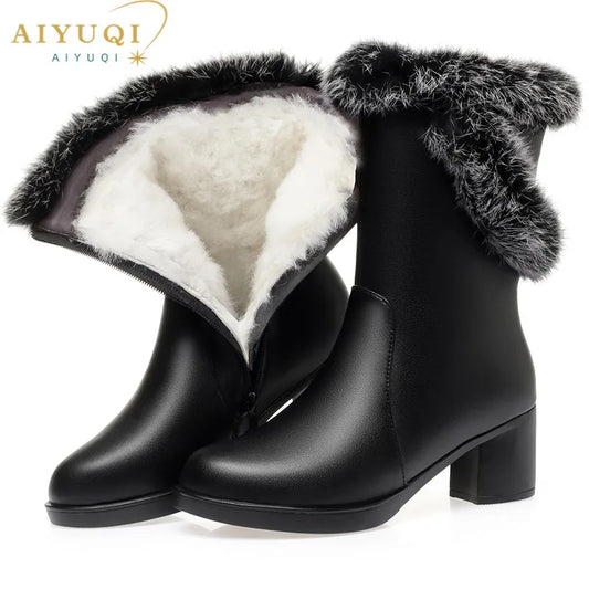Damen Stiefel aus echtem Leder mit quadratischem Absatz und Fellfutter