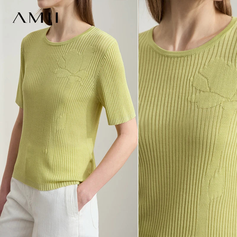 Damen-Kurzarmstrickpullover in Limettengrün mit Rundhalsausschnitt und gerippter Optik