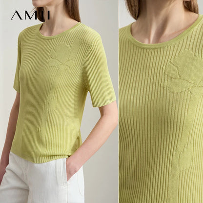 Damen-Kurzarmstrickpullover in Limettengrün mit Rundhalsausschnitt und gerippter Optik