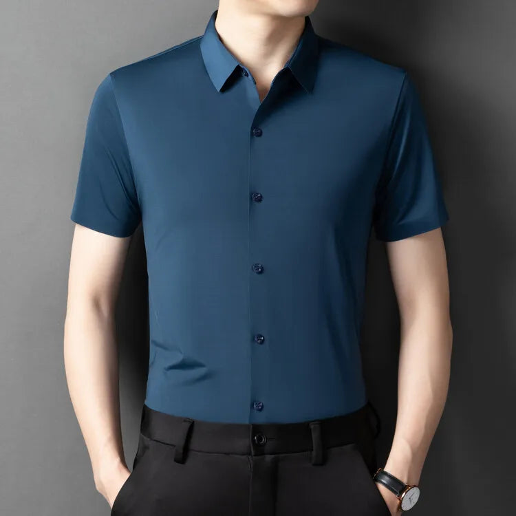 Herren-Hemd mit Vier-Wege-Stretch, Farbblock-Diamantmuster und Knopfleiste – ideal für Business-Casual und formelle Anlässe.