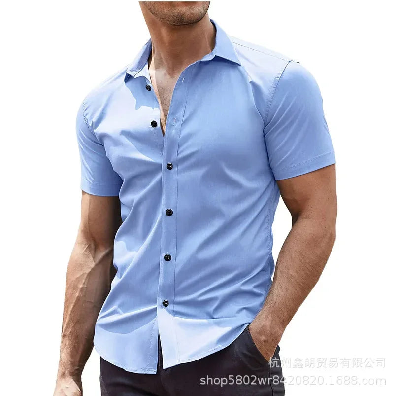 Lässiges Herren-Cardigan-Hemd mit kurzen Ärmeln und Reverskragen in Unifarbe – ideal für den Sommer.