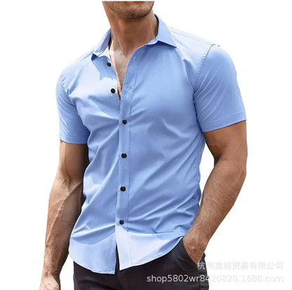 Lässiges Herren-Cardigan-Hemd mit kurzen Ärmeln und Reverskragen in Unifarbe – ideal für den Sommer.