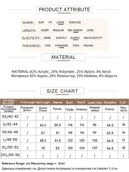 Material- und Größenübersicht für AMII Strickpullover, inkl. Materialzusammensetzung