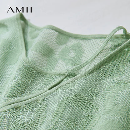 Mintgrünes T-Shirt mit geripptem Rundhalsausschnitt aus Jacquard-Strick