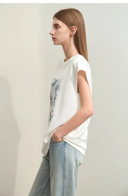 Damen T-Shirts im Minimalismus-Stil mit lässigem O-Neck und Blumen-Druck