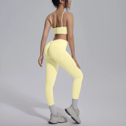 Yoga-Set für Damen mit gepolstertem Sport-BH und Leggings, hellgelb, Rückansicht