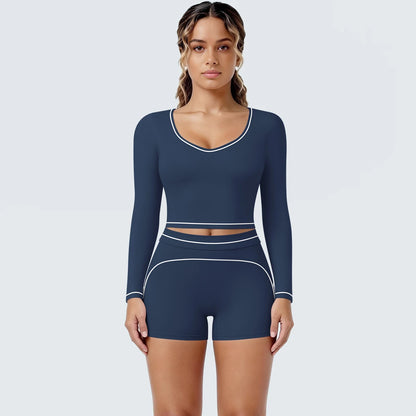 Damen-Yoga-Set mit langarmem Top und Shorts, dunkelblau, Kontrastnähte