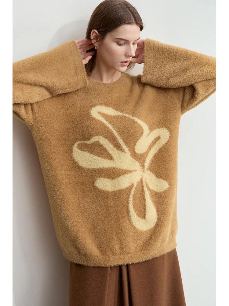 Damen-Jacquardpullover braun mit großem floralen Muster, weich wirkender Strick