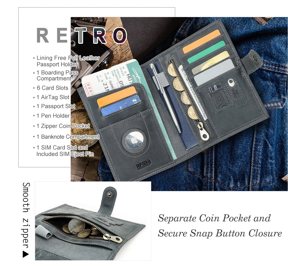 Reisepass-Brieftasche aus Leder, offen mit Kartenfächern und Klettverschluss-Layout