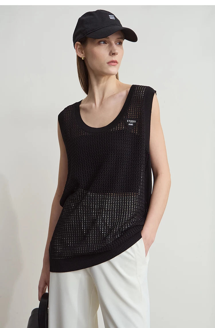Damen V-Ausschnitt Pullover Viskose ärmellos Lochmuster Sommer