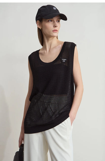 Damen V-Ausschnitt Pullover Viskose ärmellos Lochmuster Sommer