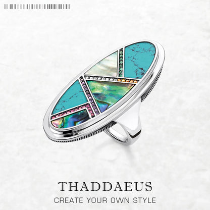 Silberner Ring aus 925 Sterling mit ovalem Türkis-Einsatz und Schmuckdetails am Band